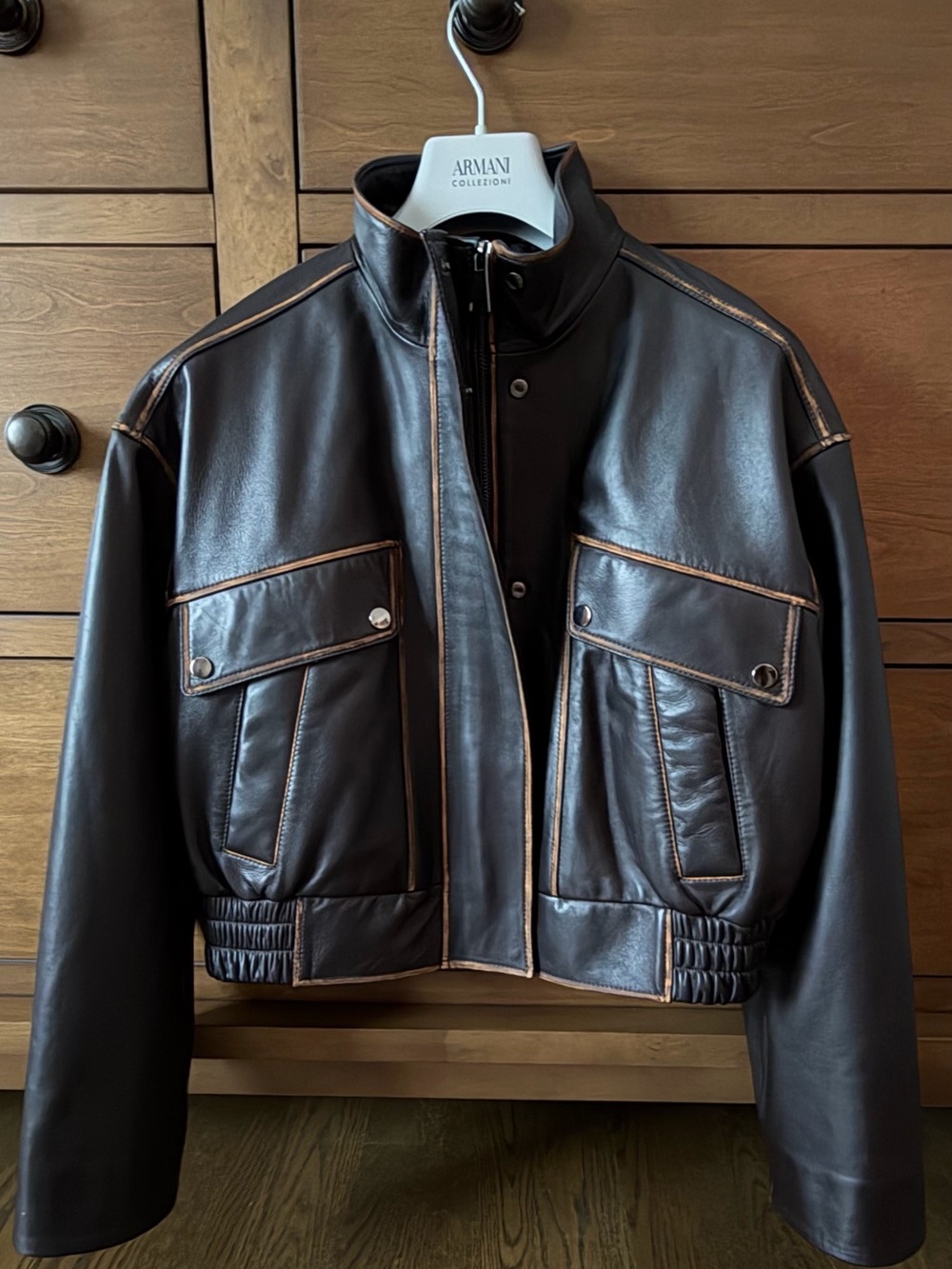 Dark Brown Leather Bomber Jacket with Tan Piping